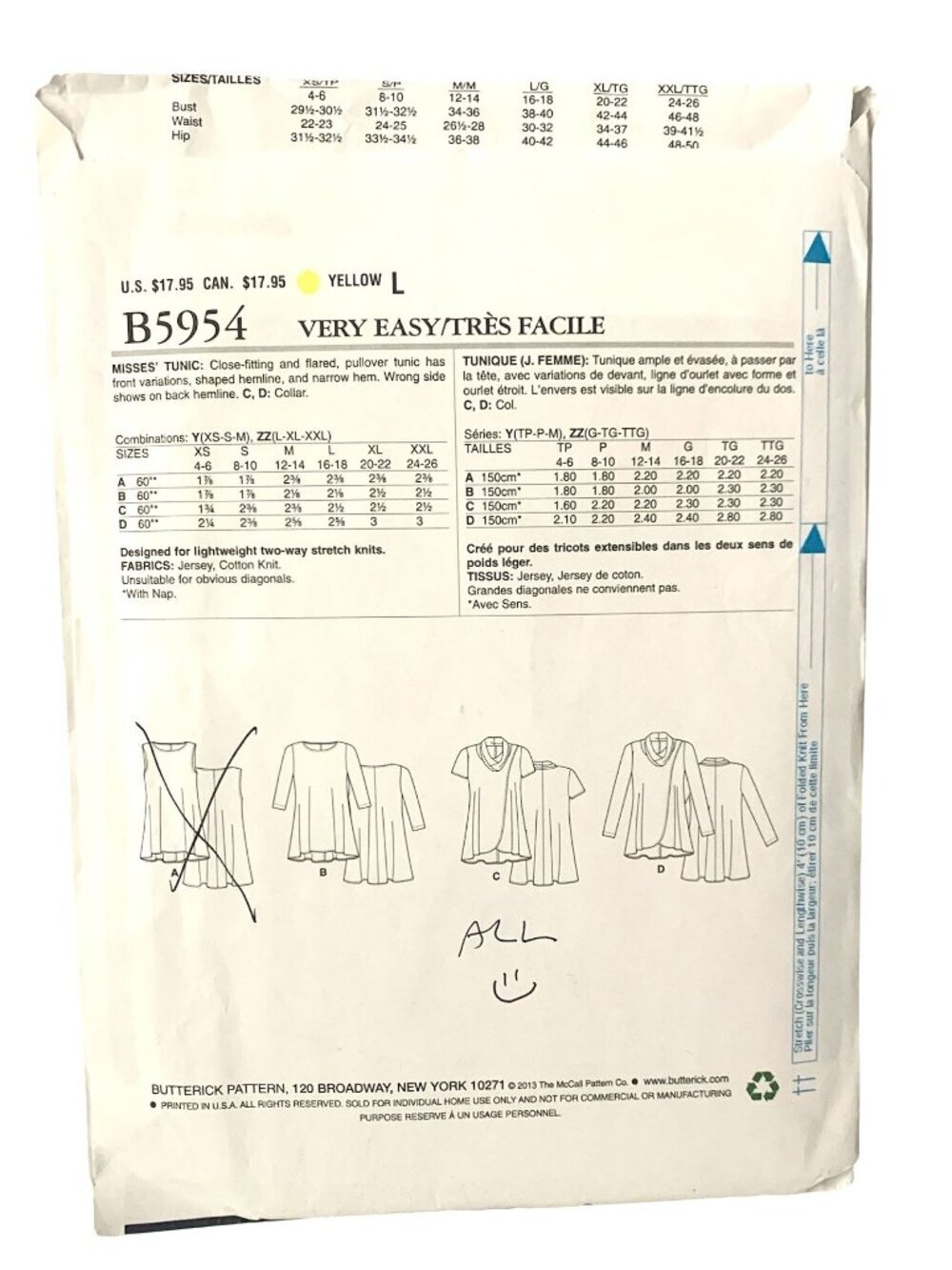 Butterick B5954 Pattern Misses Tunic Top Close & Loose Fitting Pullout Uncut Siz - Picture 2 of 3